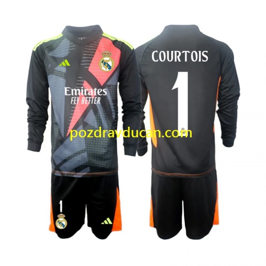 Nogometni Dresovi Real Madrid Thibaut Courtois 1 Vratar Dječji Gostujući dres 2024-2025 Dugi Rukav