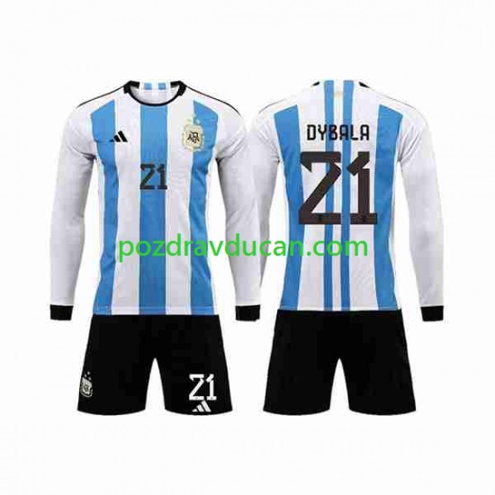 Nogometni Dresovi Argentina 3 Stars Paulo Dybala 21 Dječji Domaći dres World Cup 2022 Dugi Rukav